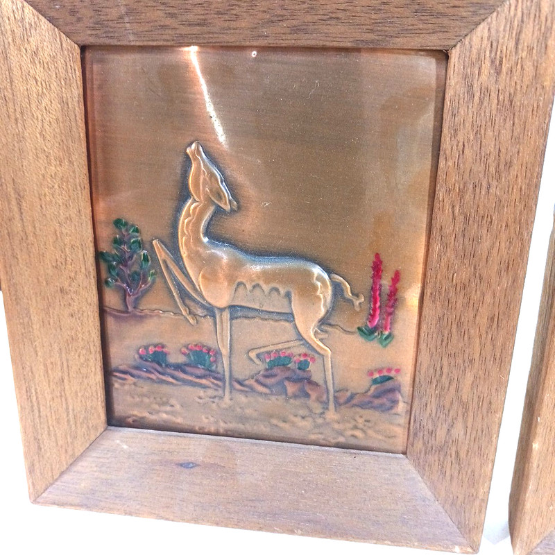 Copper tooled Southwestern Desert scene Deer Gazelle Art Phillip Irwin Lot of 2 gallery