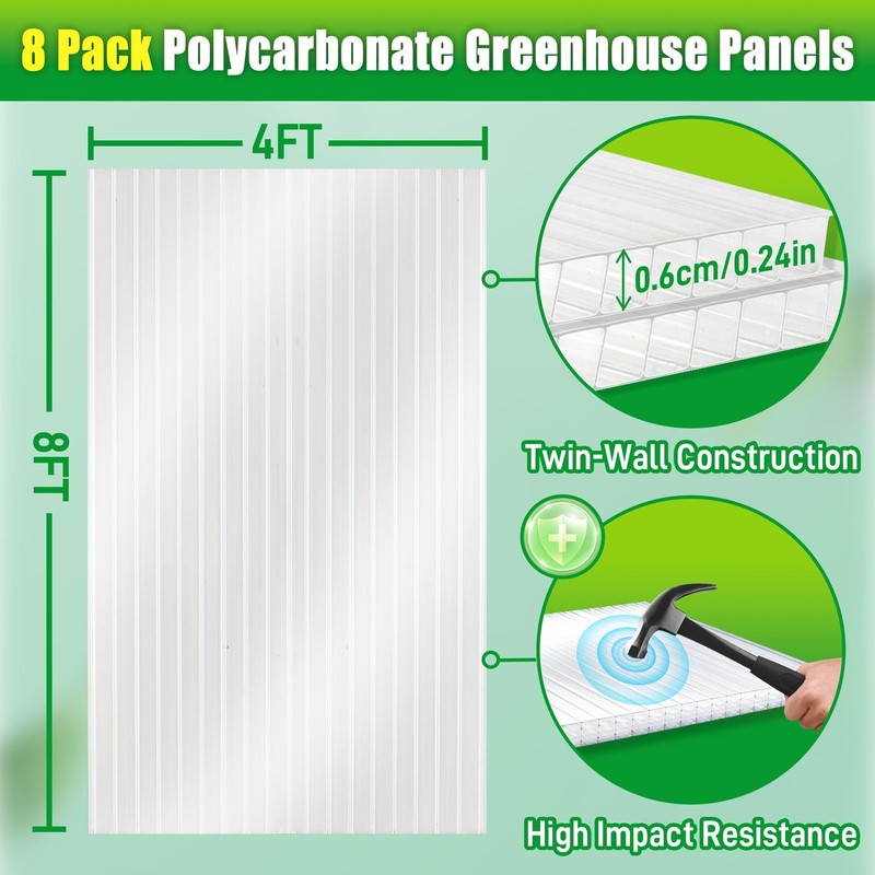 8 Pack Polycarbonate Greenhouse Panels, 8' x 4' x 0.24'' Twin-Wall Polycarbon... gallery