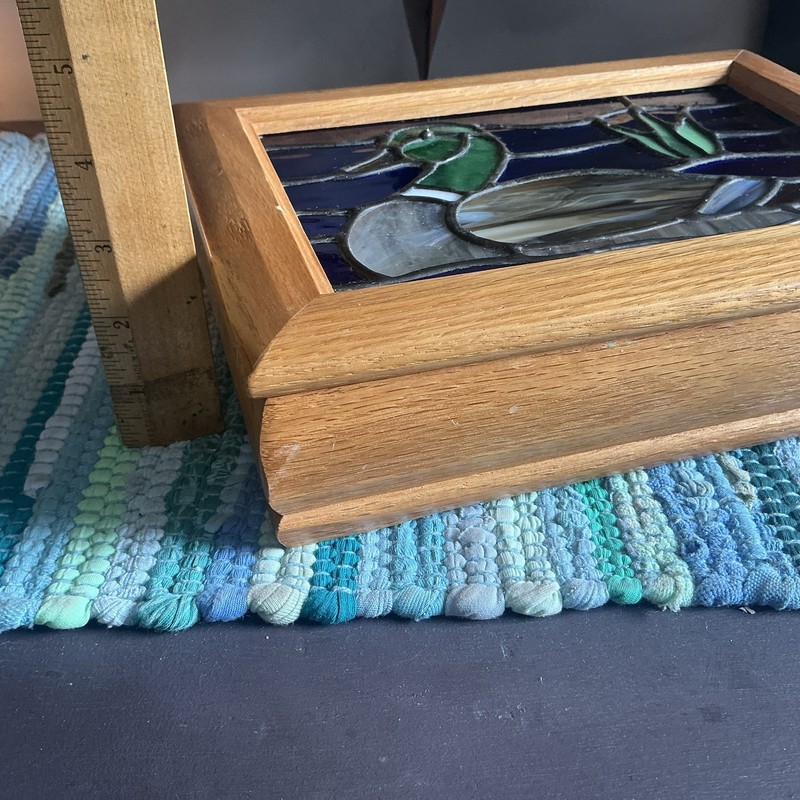 Vintage Artisan Wood Jewelry Box – Stained Glass Mallard Duck - Mirror Inside gallery