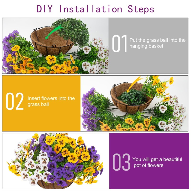 2 Sets Artificial Hanging Pansy Flowers with Baskets, 24 Pcs UV Resistant Fau... gallery
