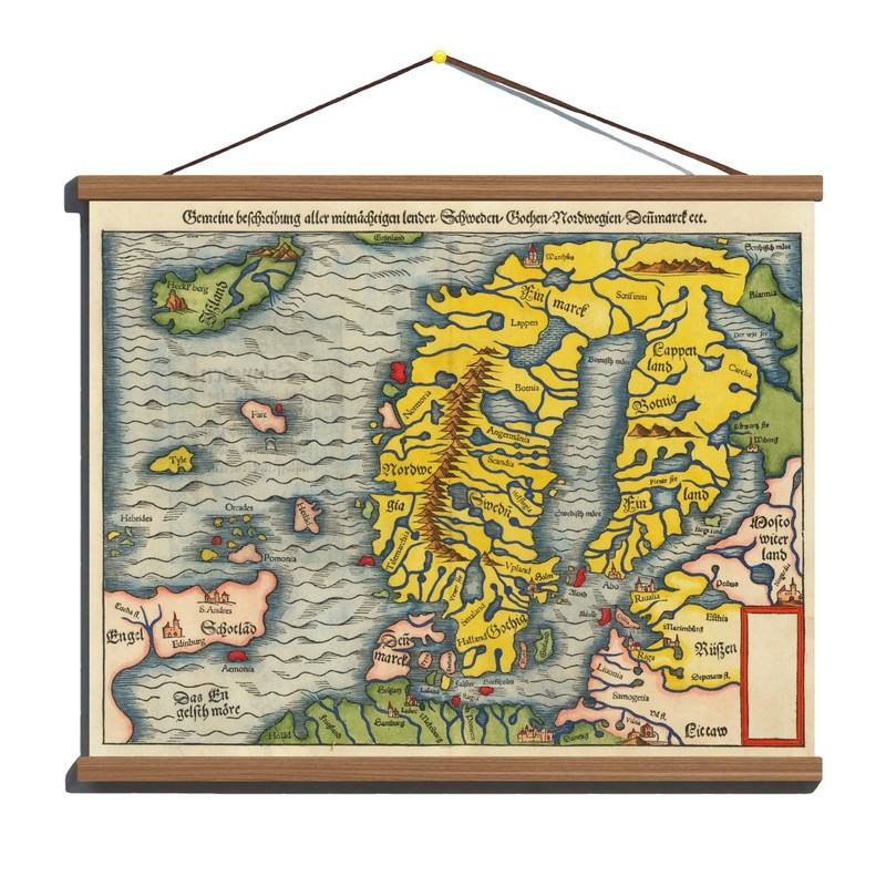 Antique 1550 Early Map of Scandinavia, Northern Europe; Canvas Wooden Hanger