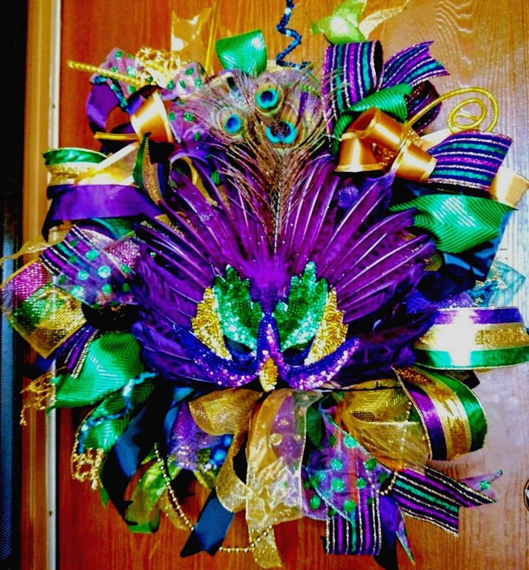 Large 24″ Handmade Mardi Gras Front Door Wreath Double Door Set Deco Mesh Decor
