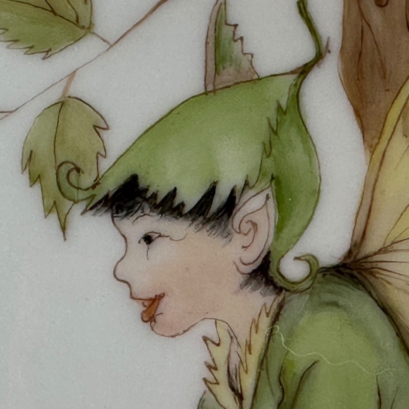 Vintage 80s Porcelain Wall Plaque Elm Tree Fairy Elf S.M. Hand Painted Oval 7" gallery