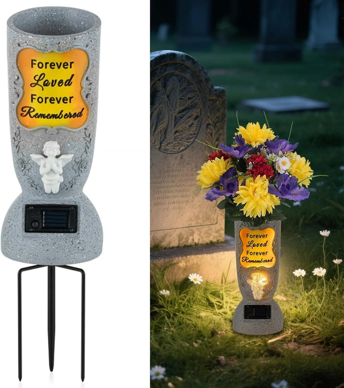 Solar Cemetery Grave Vase: 1 LED Angel Headstones Vase with Spikes Grave Decorat