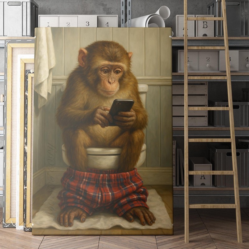 Monkey On The Phone On The Toilet Funny Animal Canvas Wall Art Print gallery