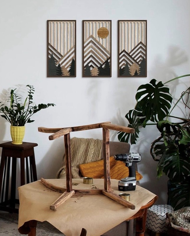 Putuo Decor Boho Mountain Wall Art Set of 3 Panels Rustic Wooden Nature Inspired gallery