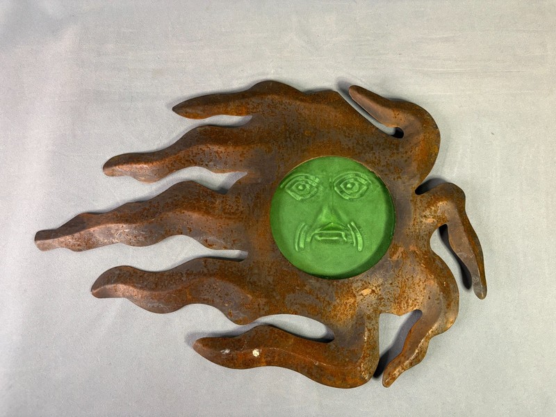 Rustic Steel Sun Wall Art with Green Embossed Glass Face 17x12 gallery