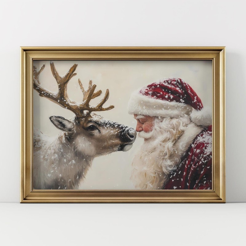 Santa and Reindeer Wall Art Poster, Vintage Christmas Holiday Decor
