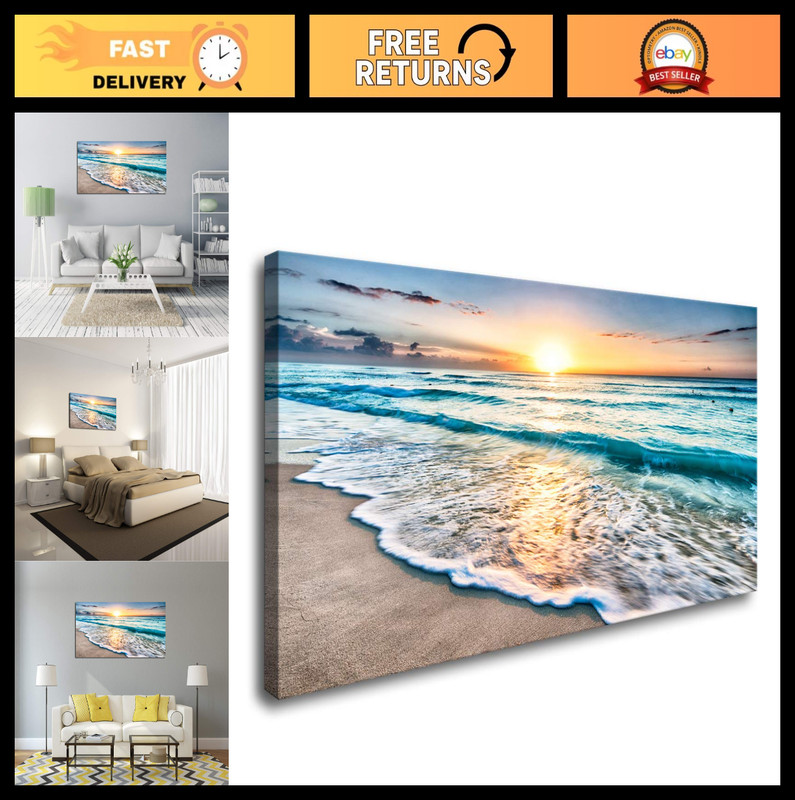 Beach Sunset Canvas Print Wall Art – Ocean Waves Nature Picture, Framed Decor fo