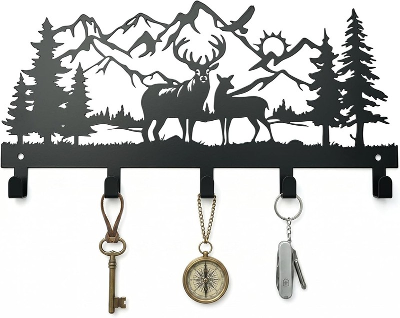 Metal Key Holder Wall Mount, Rustic Cabin Key Rack Hooks, Woodland Wildlife W... gallery