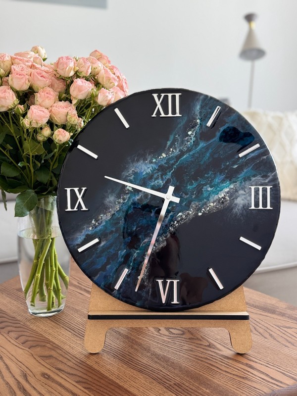 Blue Galaxy Handmade Resin Wall Clock 40 cm – Luxury Black & Blue Marble Art Clo gallery
