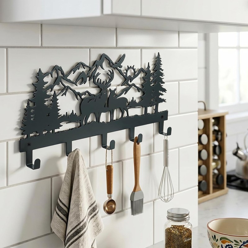Metal Key Holder Wall Mount, Rustic Cabin Key Rack Hooks, Woodland Wildlife W... gallery