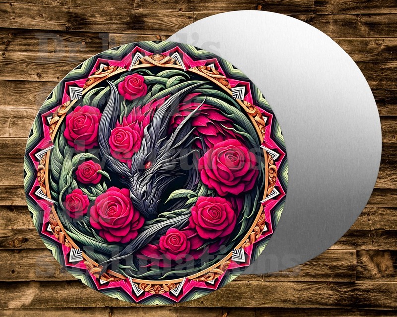 Round metal Sign GOTHIC DRAGON and ROSES Wreaths Crafts miniatures Projects