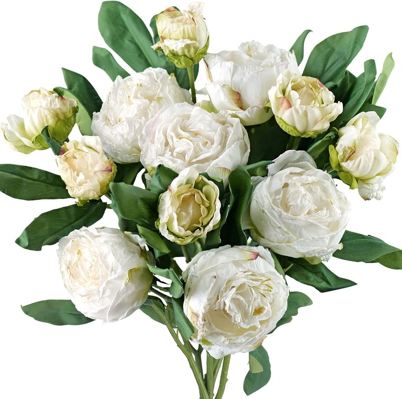 Vintage White Peonies – Realistic Artificial Silk Flowers with Dry-Look Petals,