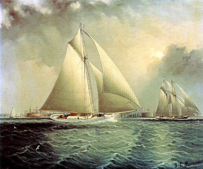 SAILBOAT OCEAN YACHTING NEW YORK HARBOR PAINTING BY JAMES E BUTTERSWORTH REPRO