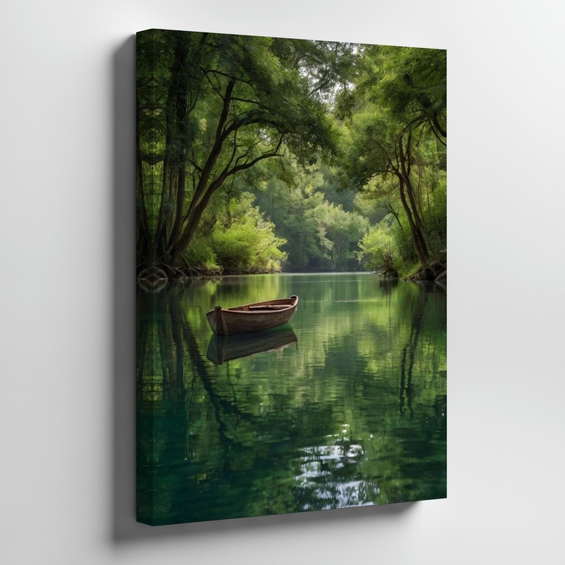 Serene River Landscape Canvas Art With Wooden Boat And Lush Green Trees Print