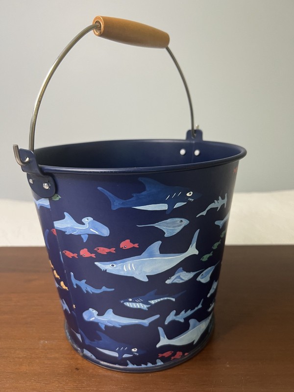 Pottery Barn Kids Metal Tin Bucket Pail Wood Handle Beach Sand Sharks Fish 2010 gallery