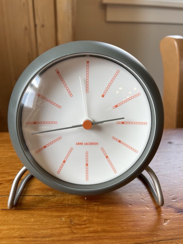 Arne Jacobsen Table Alarm Clock Gray Danish Design Icon – Modernist Desk Clock