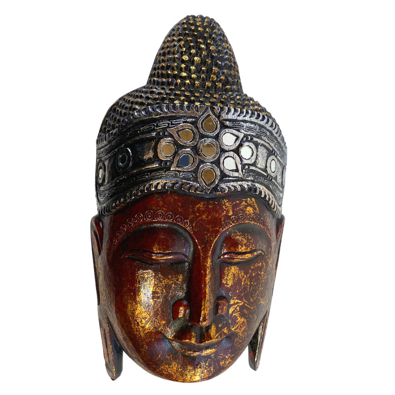 Sublime Buddha Mask Wall sculpture Hand Carved Wood Balinese art Handmade Red gallery