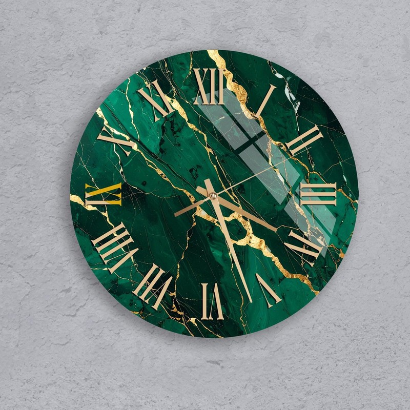 Green Gold Tempered Glass Wall Clock Marble Art – Modern Glam Decor Unique