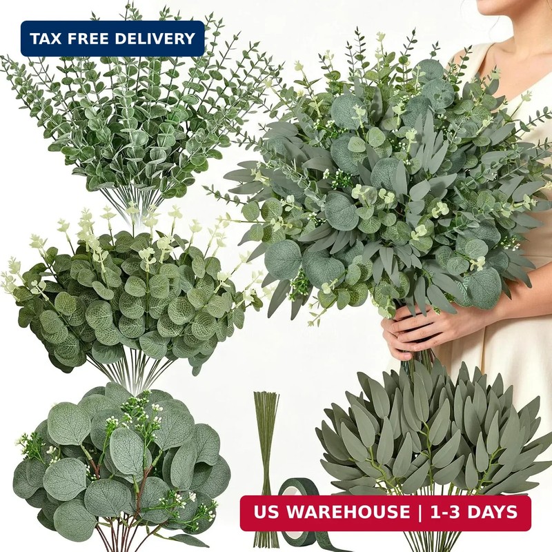 Serwalin 100PCS Mixed Eucalyptus Stems Bulk, Artificial Greenery with 20 PCS Flo