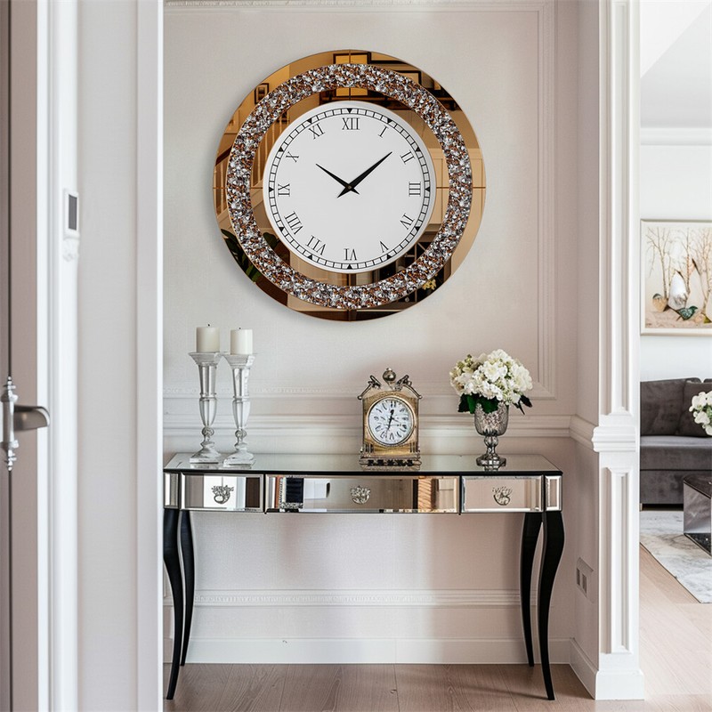 60cm 3D Round Wall Clock Jewel Crushed Diamond Accent Mirror Eye Catching Decor gallery