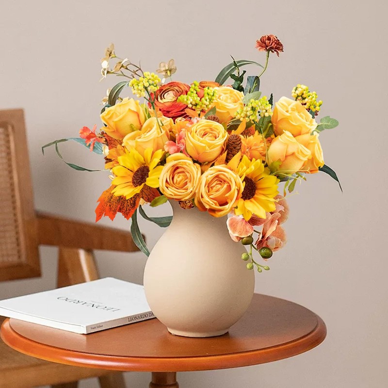 4 PCS Fall Golden Artificial Faux Silk Rose Sunflower Bouquet Centerpieces