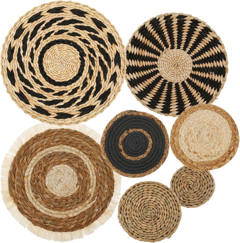 7Pack Boho Wall Basket Set Hanging Woven Wall Basket Decor Rattan Flat Round Wic