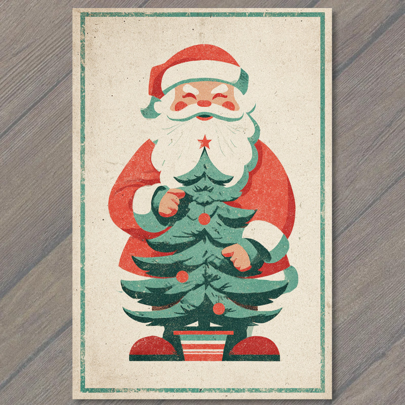 Art Print Santa Claus Christmas Tree Retro Holiday Joy Mid Century Phallic