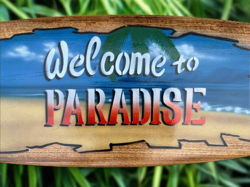 Welcome To Paradise Parrot Airbrushed Surfboard Wall Plaque 39"x 10" gallery