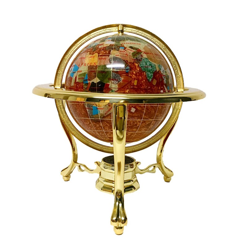 10″ Tall Table Top Amberlite Pearl Swirl Ocean Gemstone World Globe Tripod Gold