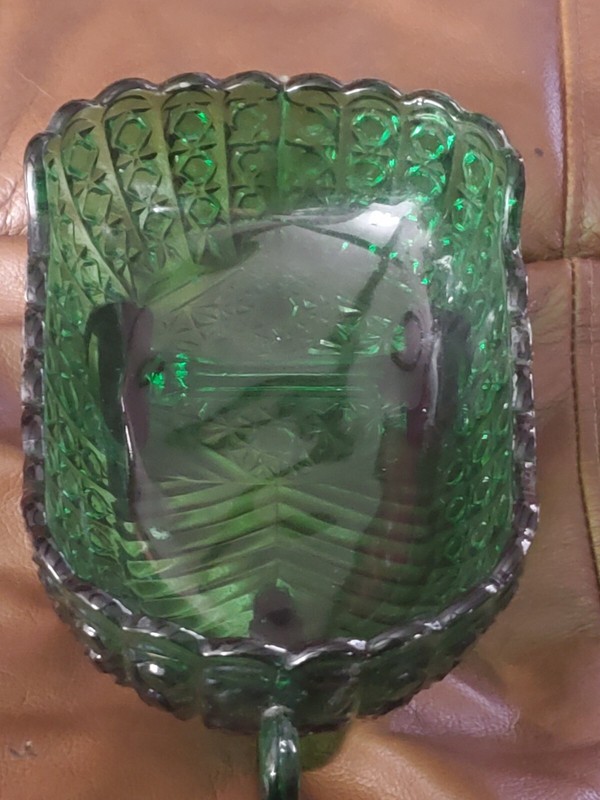 Large Deep Green Glass Daisy & Buttons Baby Carriage Candy Dish 9" X 5-1/2" X... gallery