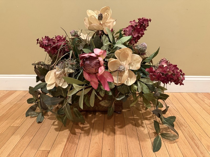 Vintage Artificial Flower Arrangement In Basket Foam Red White Green 25” X 23”