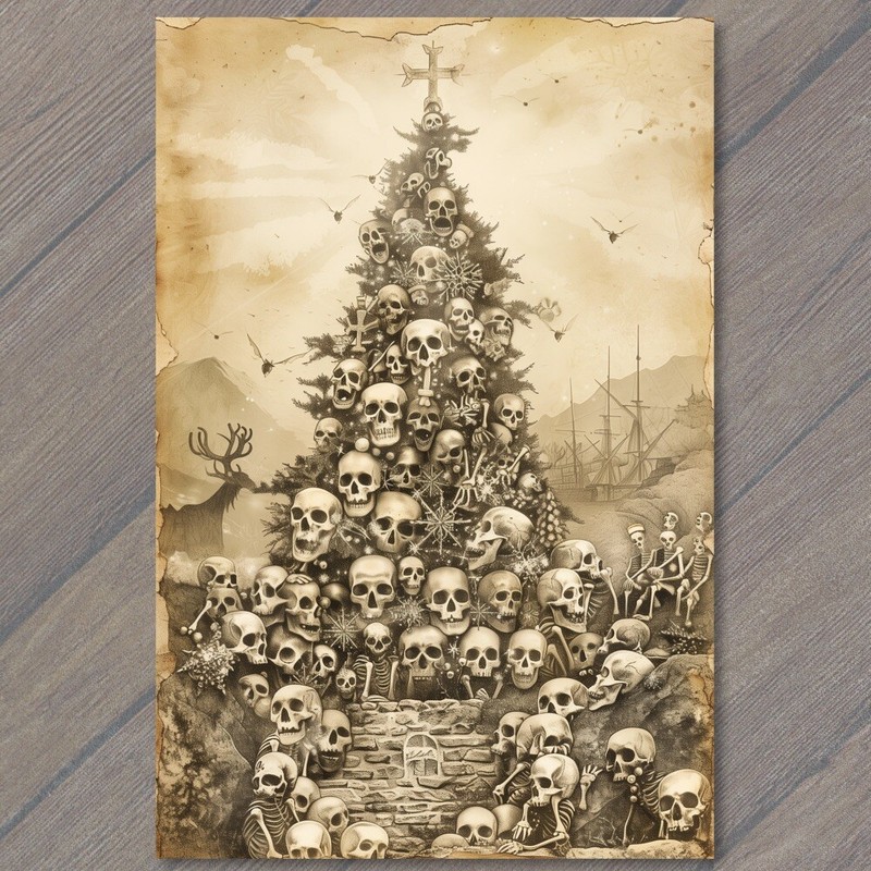Art Print Skull Christmas Tree Skeleton Eerie Scary Old School Guns Strange Weir