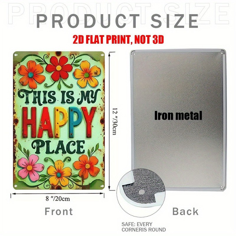 Retro Garden Decor Metal Sign This Is My Happy Place Colorful Floral Plaque 12×8 gallery