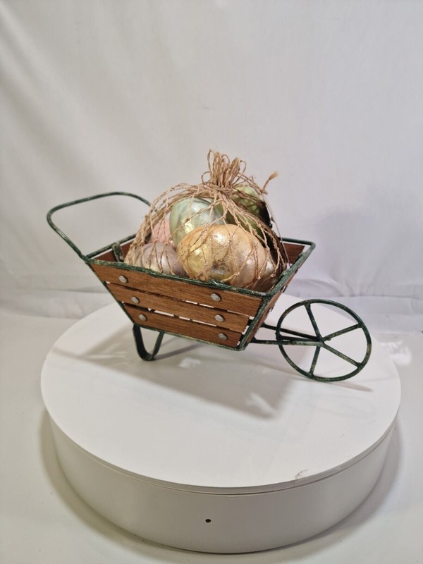 Wood And Metal Tabletop WHEELBARROW with Easter Eggs, Handmade In Philippines,B9 gallery