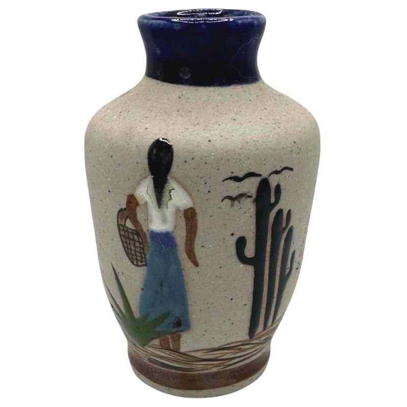 Mexico Pottery Bud Vase Hand Painted Desert Scene Blue Rim Small
