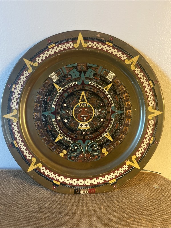 Vintage Brass Aztec Sun Stone Calendar Wall Plate Enamel Hand Painted 11” Mexico