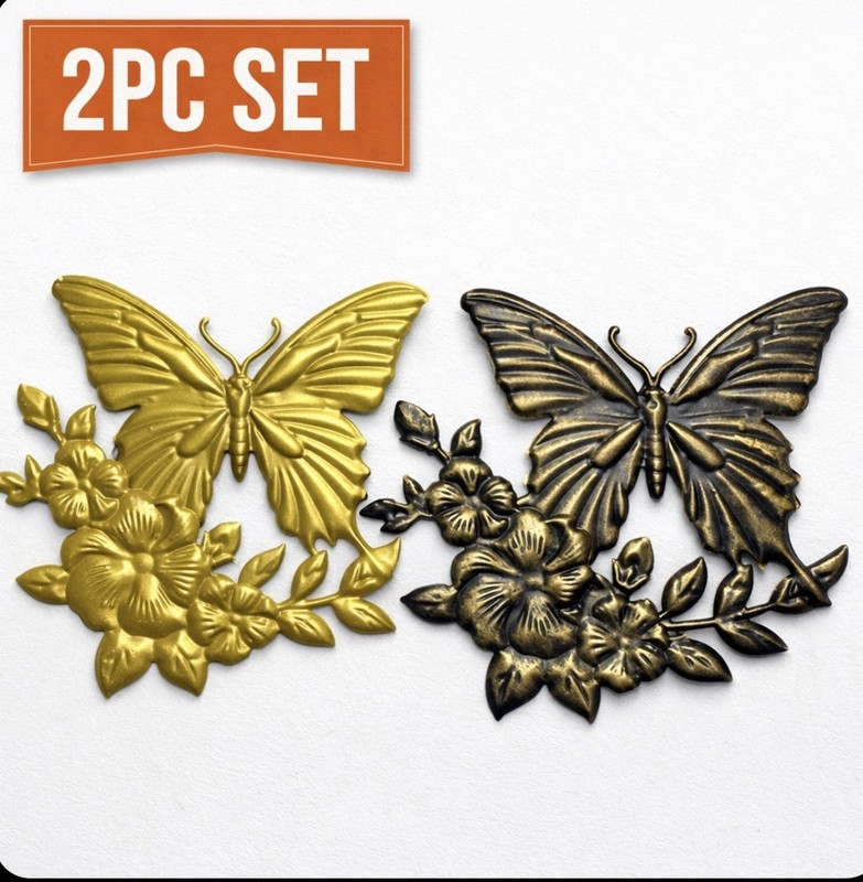 2PC Gold & Bronze Butterfly Floral Wall Decor Set Metal Look Home Decor
