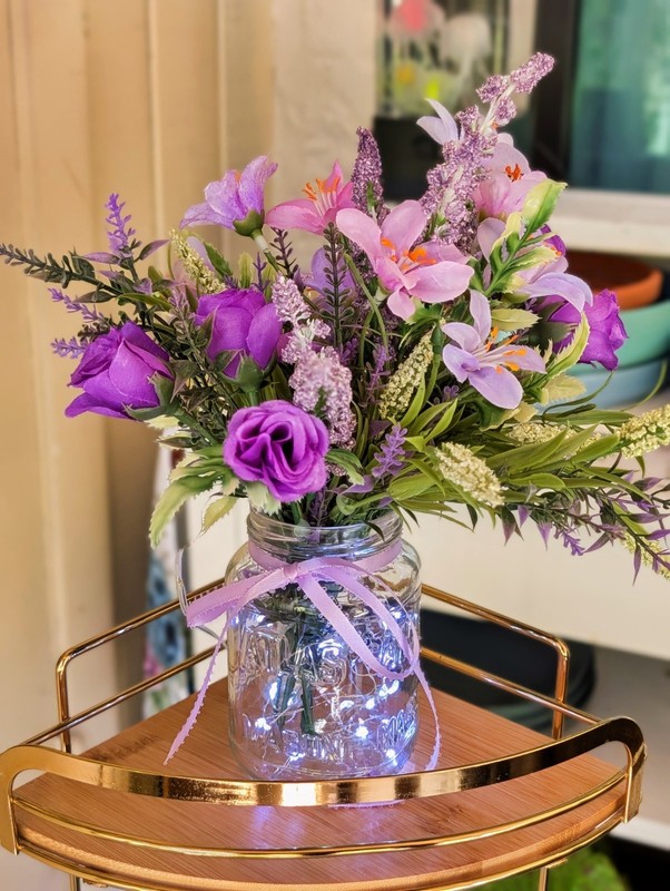 Purple Floral Arrangement, Mini Roses, Fressia, Lighted Mason Jar (Timer)
