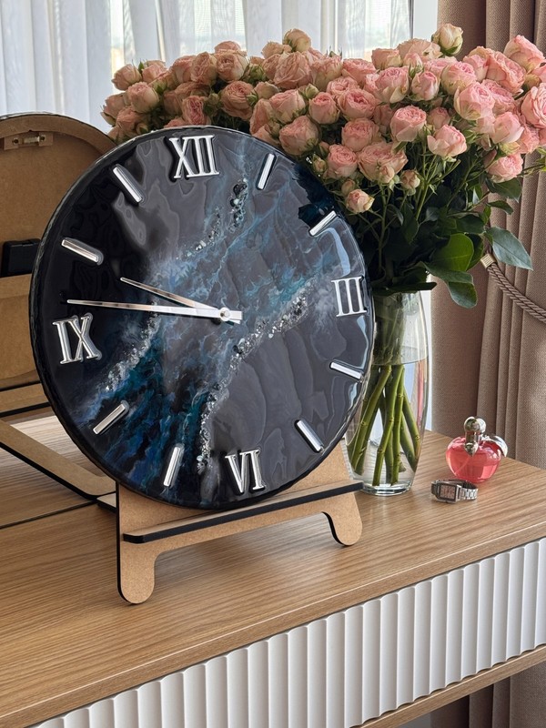 Blue Galaxy Handmade Resin Wall Clock 40 cm – Luxury Black & Blue Marble Art Clo gallery