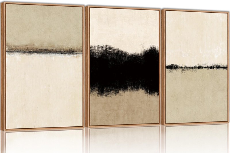 Large Abstract Textured Wall Art Set of 3, Minimalist Beige Framed Canvas Art…