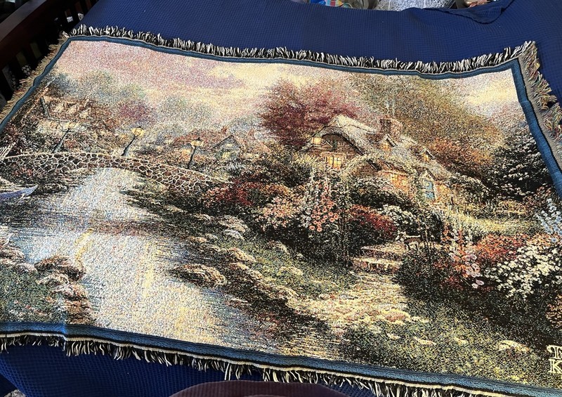Thomas Kinkade Lamplight Bridge Tapestry Throw Blanket 42 x 62 USA Art Painting