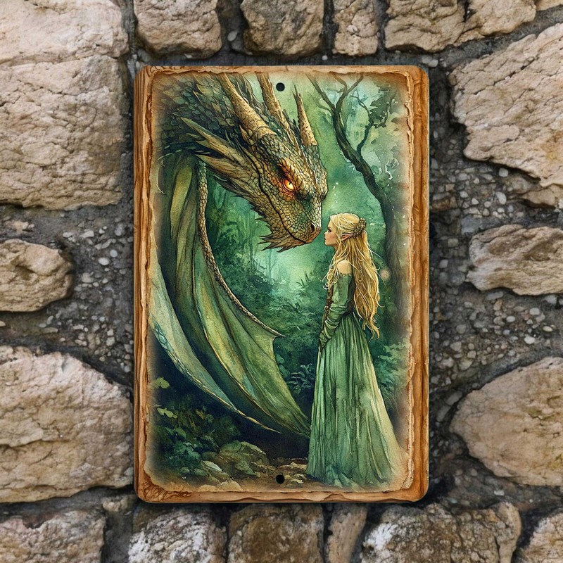 Dragon Metal Sign – Maiden in Forest Wall Decor, Fantasy Art Print, 8×12 Inches
