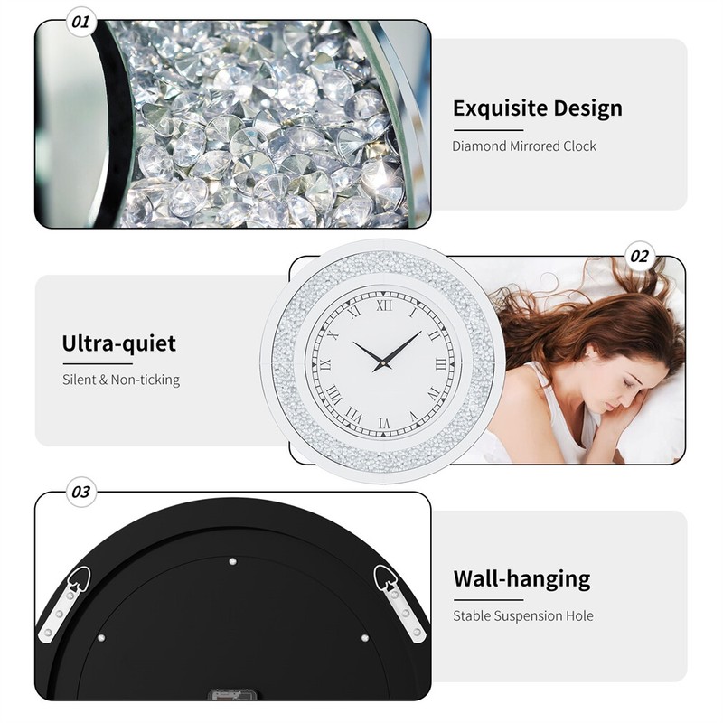 60cm 3D Round Wall Clock Jewel Crushed Diamond Accent Mirror Eye Catching Decor gallery