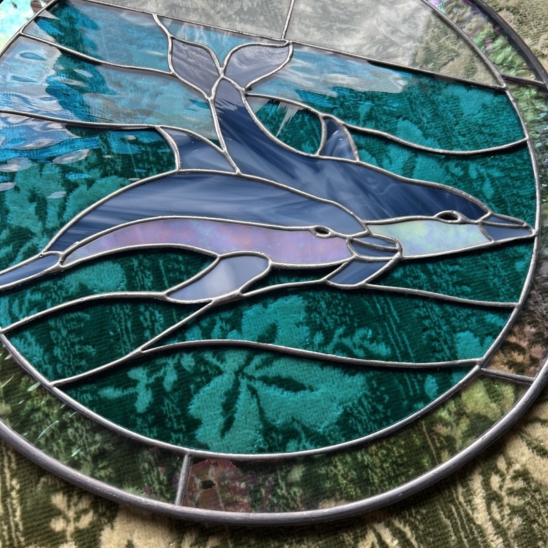 Stained Glass Dolphins Iridescent Blue Window Sun Catcher 13" Diameter gallery