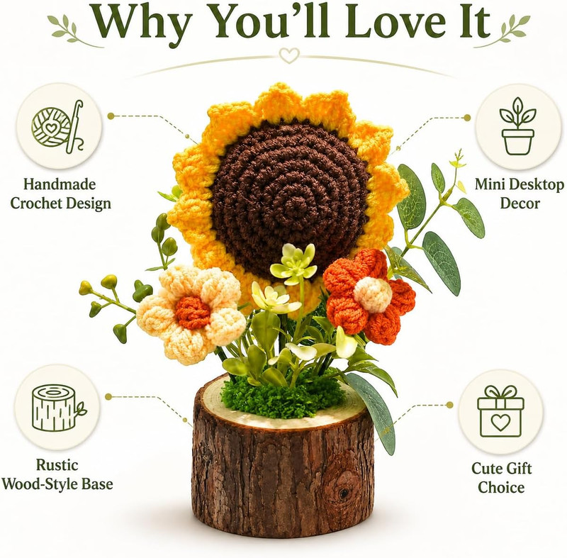 Handmade Crochet Knitted Sunflower Bouquet Creative Knitted Potted Plant Mini... gallery