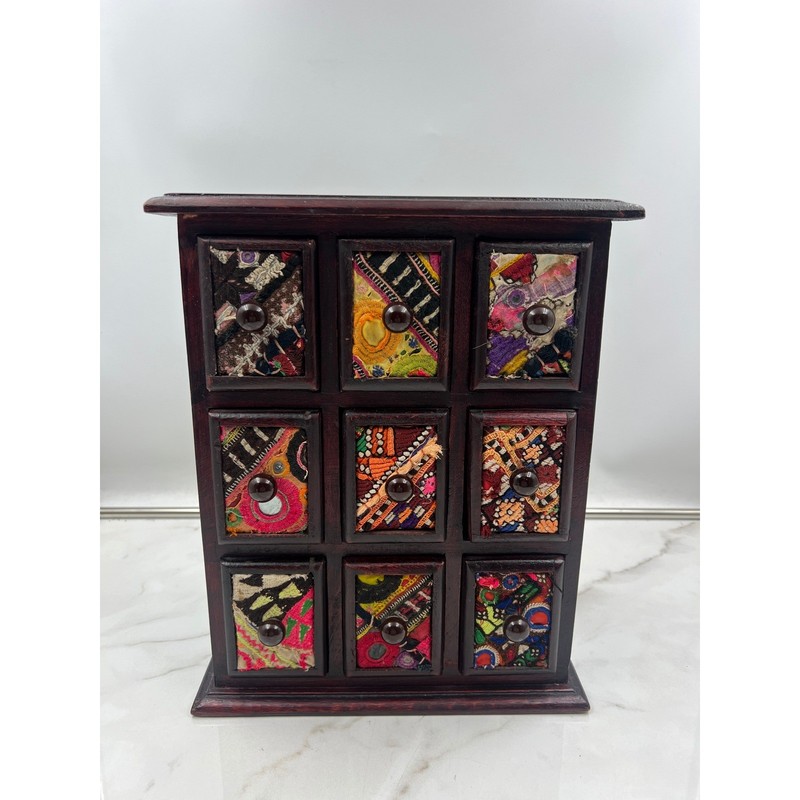Handmade Wooden 9 Drawer Jewelry Box Bohemian Embroidered Fabric Inlay Chest