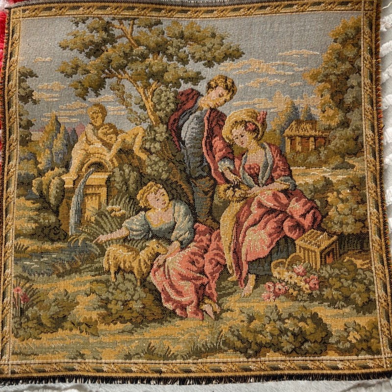 Vtg Baroque Rococo Pastoral Tapestry Swatch 10 x 10" France Mid Century set of 4 gallery