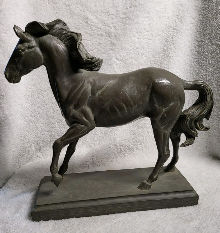 Three Hands Corp Dark Charcoal Bronze Faux Wood Horse Statue Figurine on Base